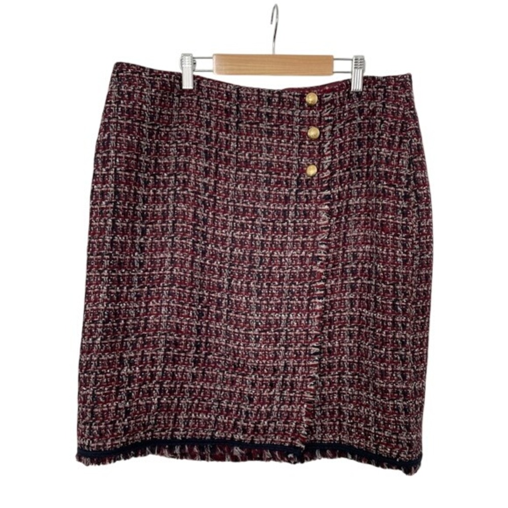 Talbots Petites 16P Tweed Boucle Pencil Skirt Burgundy Gold Buttons Fringe